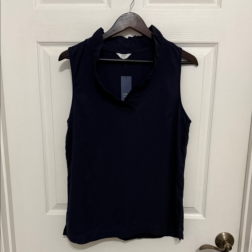 Crown & Ivy women’s navy sailing Blue Ruffle Neck Blouse